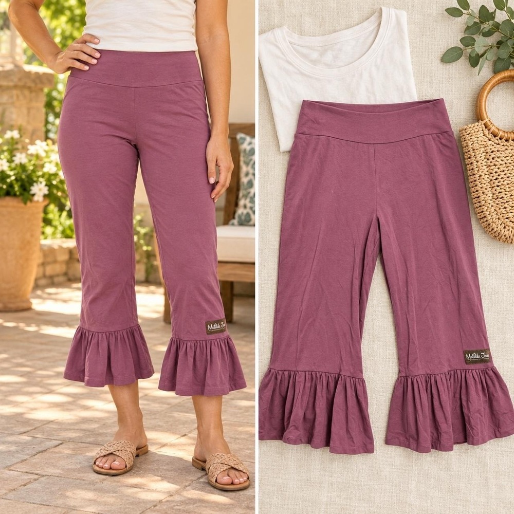 Matilda Jane Pants Women's M Mauve Pull On Ruffle Bell Flare Boho Whimsical